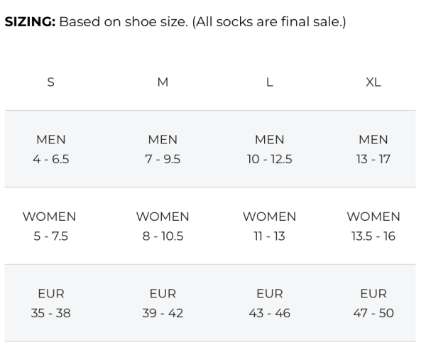 Incrediwear Socks Size Chart