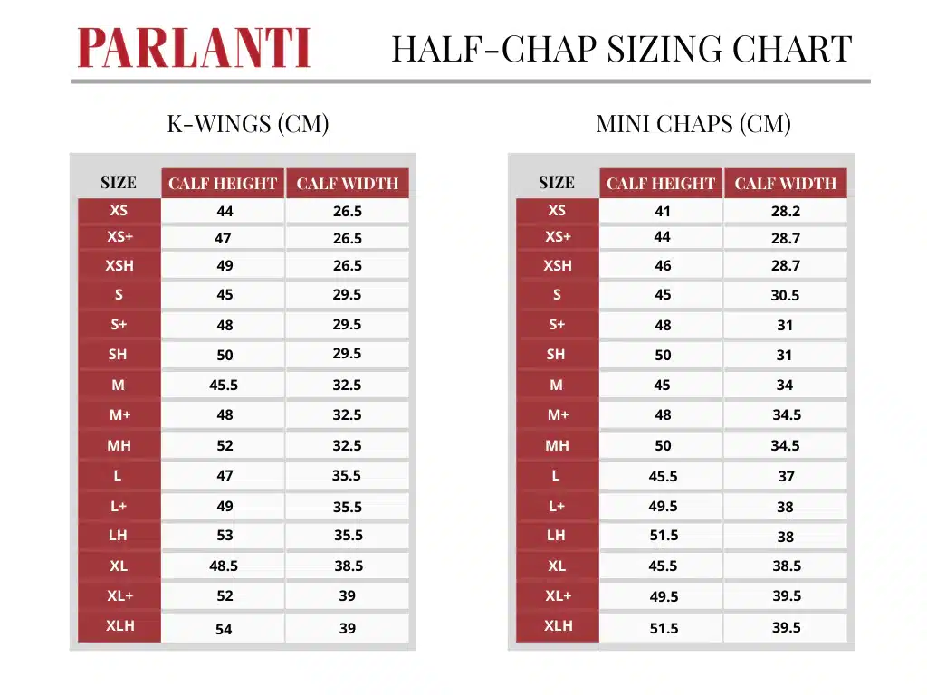 Parlanti Mini Chap and Kwing size charts