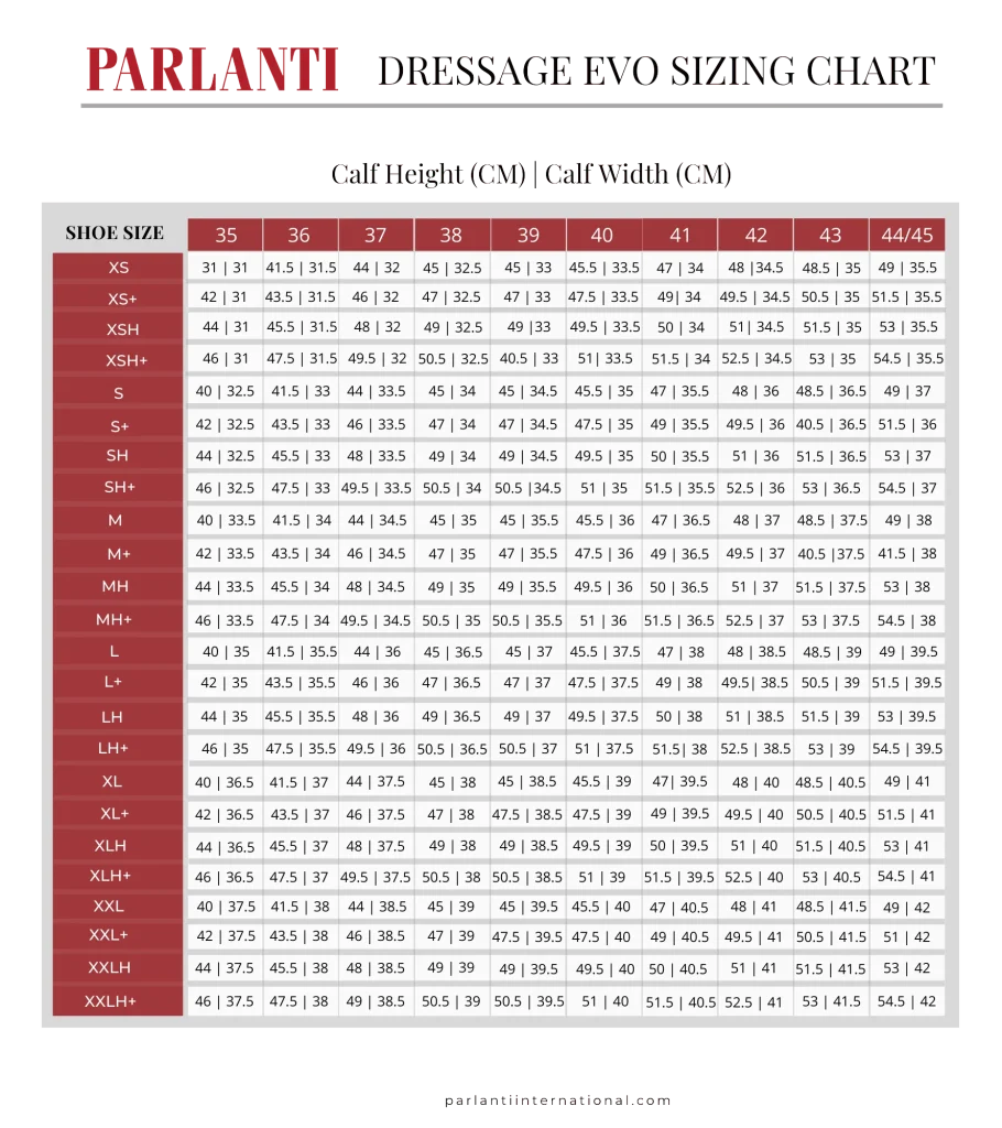 Parlanti Evo size chart